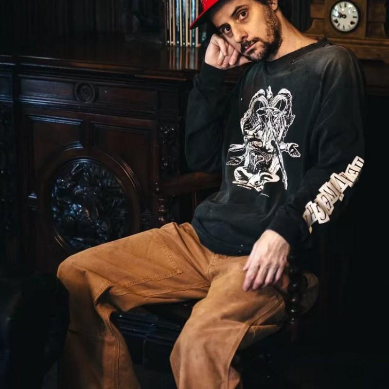Mens Oversized Heavyweight Cotton Long Sleeve Tee With Distressed Graphic Print Streetwear Casual