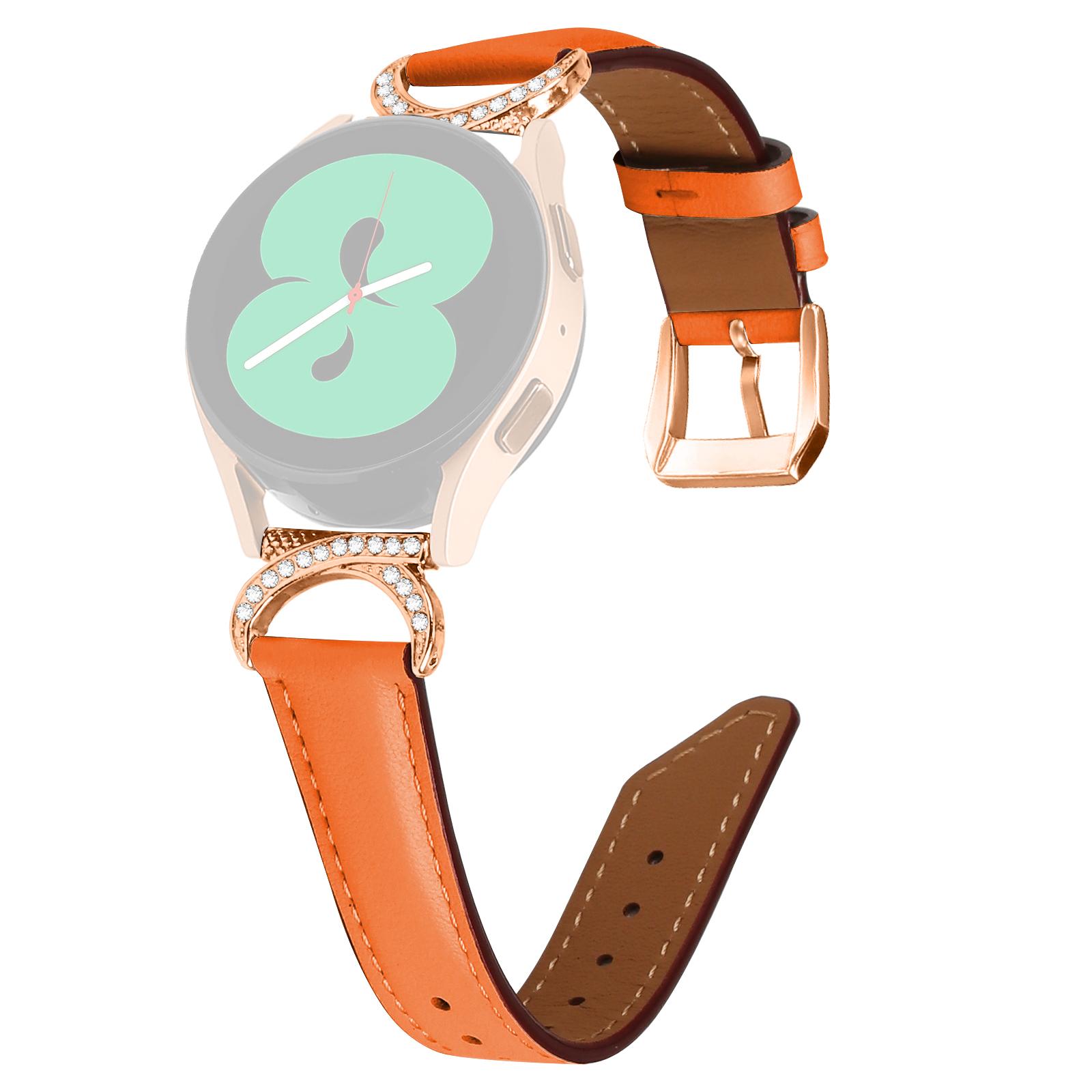 

For Samsung Galaxy Watch 3 41mm/Watch 5 40mm/44mm Split Leather Strap 20mm Rhinestone D-shape Connector Wrist Band with Rose Gold Buckle Orange