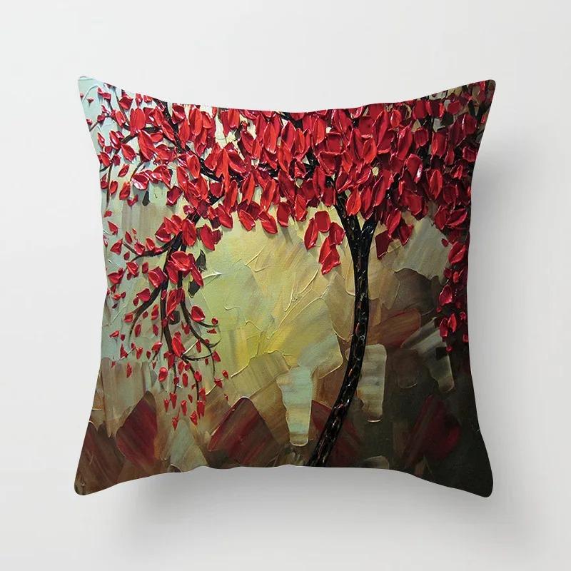 2D Flat Printed Peach Skin Pillow Cover Oil Painting Floral Tree Cushion Case Decorative Throw Pillowcase For Sofa Living Room