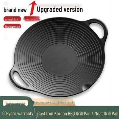 Korean Style Thickened Cast Iron Grill Pan - No Coating, Threaded BBQ Griddle for Home & Outdoor Use