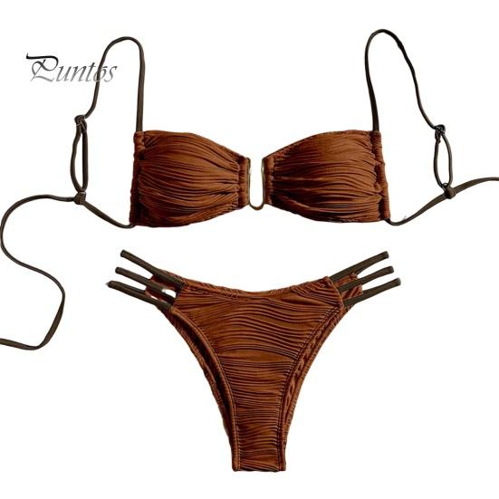 

2 шт./комплект женский бикини комплект слинг бандо бюстгальтер с подкладкой морщинистая текстура трусы комплект пэчворк цветной раздельный купальник XS коричневый