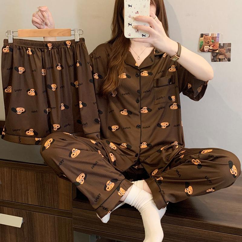 Coffee Puppy Style Premium Pajamas Women'S Summer Homewear Casual Comfort Short Sleeve Three-Piece Set