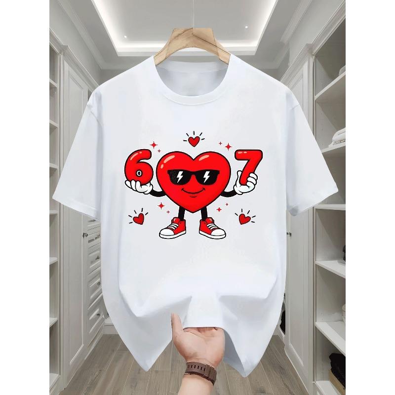 European sizes Crew Neck  Girls  T Shirt Casual Daily Trendy Heart with Fashion Glasses Holding 110 белый