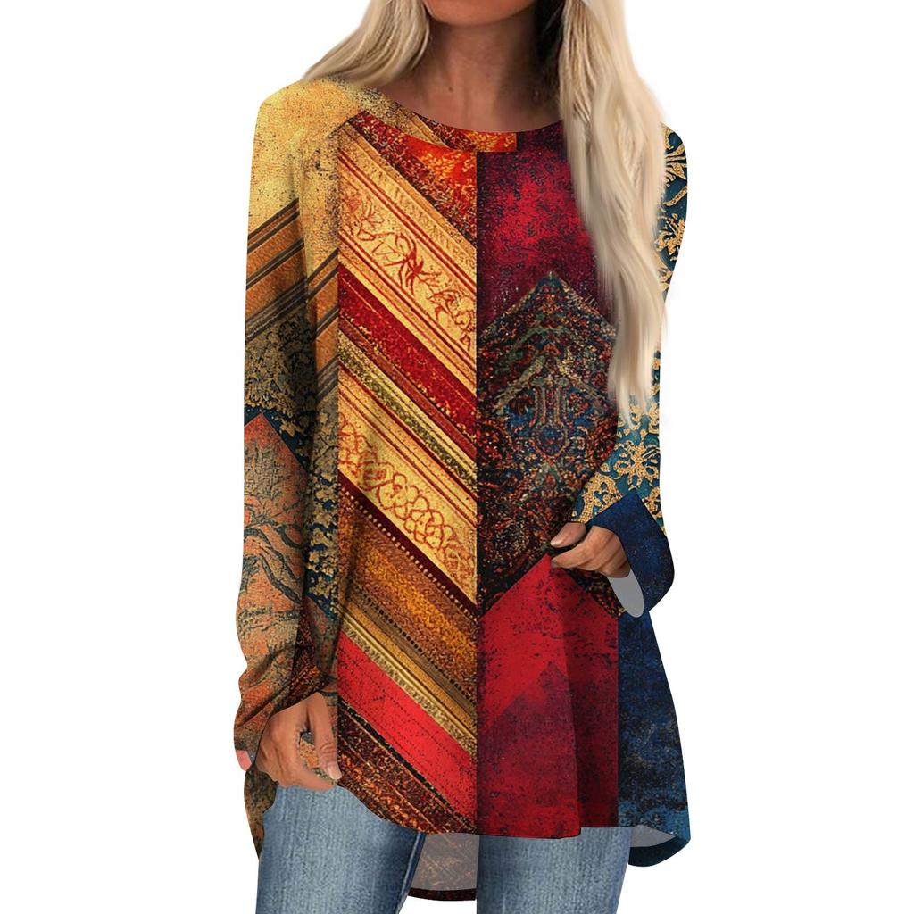 Women's Fashion Casual Long Sleeve  Print Round Neck Pullover Top Blouse