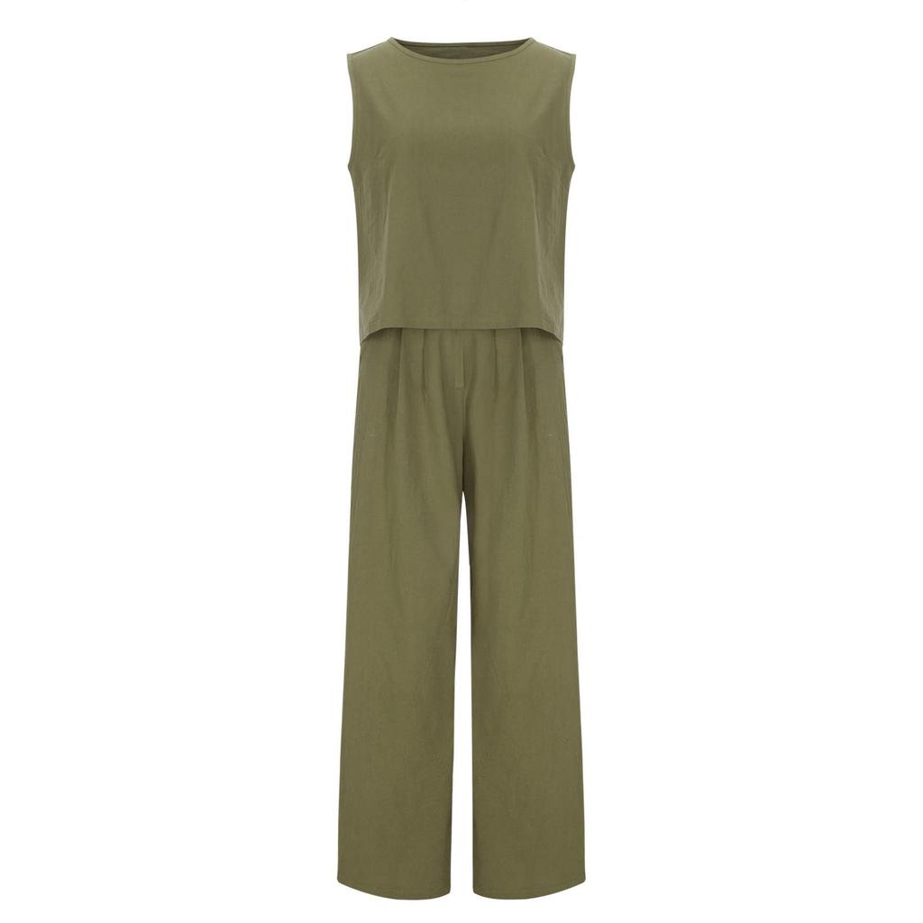 Women's 2-Piece Cotton Linen Solid Color Sleeveless High Waist Wide Leg Shorts With Pockets Set