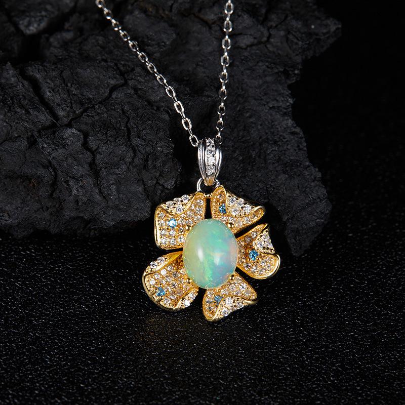 Xiaohongshu Earrings Flower Pendant S925 Sterling Silver Inlaid Natural Opal Gemstone Necklace Women'S Jewelry