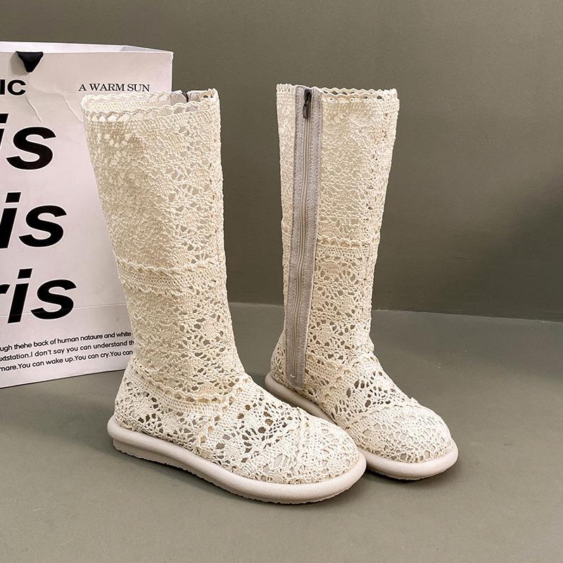 Women's Hollow Out Mesh Boots New Breathable Summer Cool Boots Designer Lace Knee High Boots for Women High Tube Casual Booties