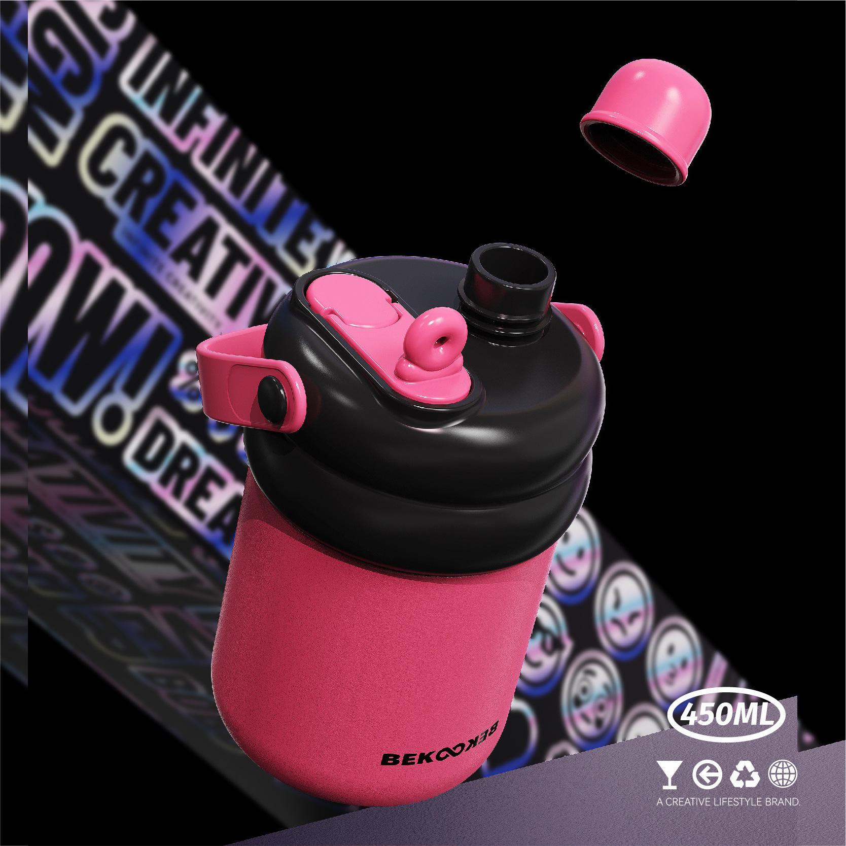 450ML Children s THERMOS CUP With Handle And Straw,Stainless Steel Vacuum Flasks,Drinkware,Double Drink Student Water Bottle 450ml