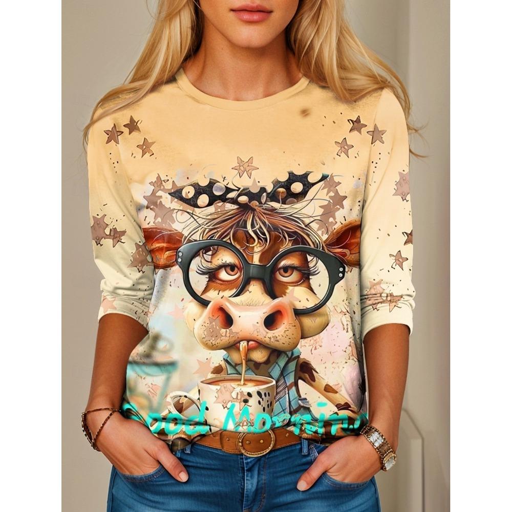 Cute Animal Cow Women's Long Sleeve Top Fashionable Casual Loose-Fit Ladies' T-Shirt