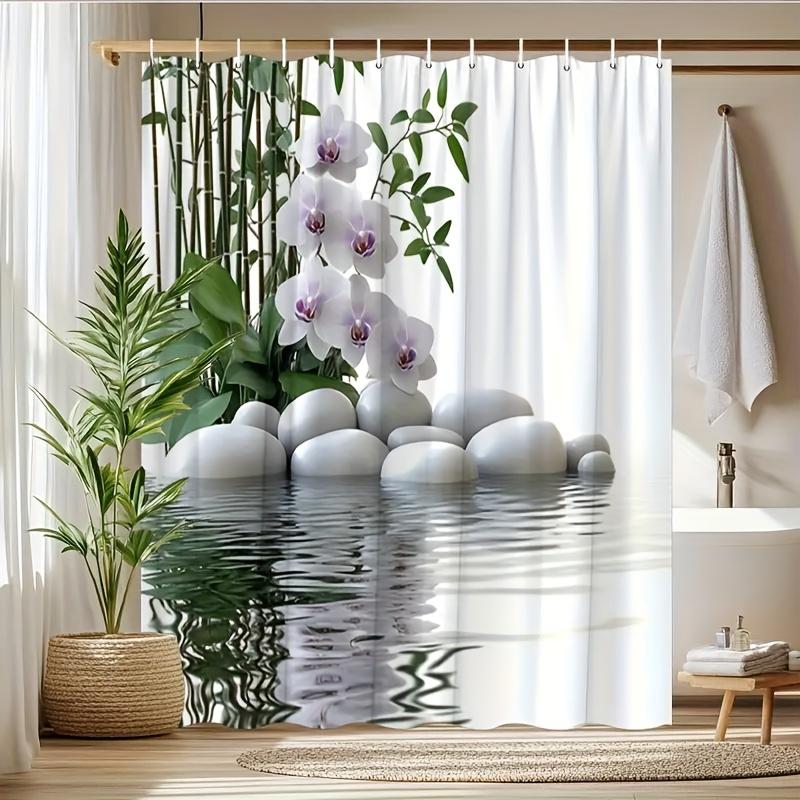 Zen Orchid & Bamboo Print Shower Curtain With White Pebbles - Reflective Polyester Fabric, Includes 12 Hooks, Machine Washable,