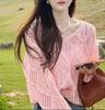 Korean Style V-Neck Knit Sweater - Loose, Long Sleeve, Hollow Design for Spring & Autumn 2025