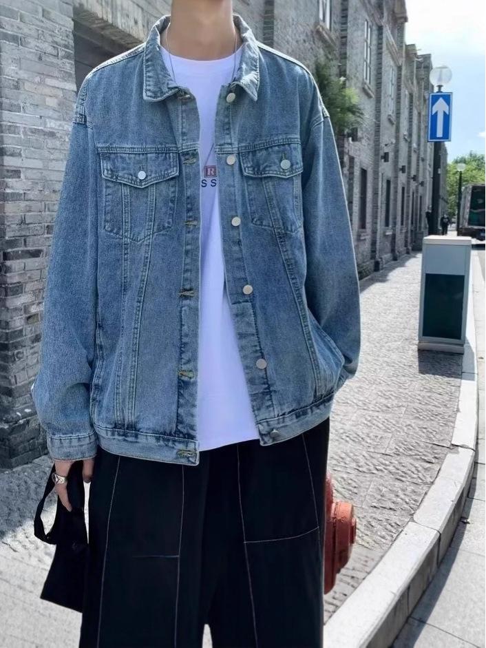 Men's Trendy Hong Kong-Style Denim Jacket - Spring/Autumn Loose Fit Korean Retro Workwear