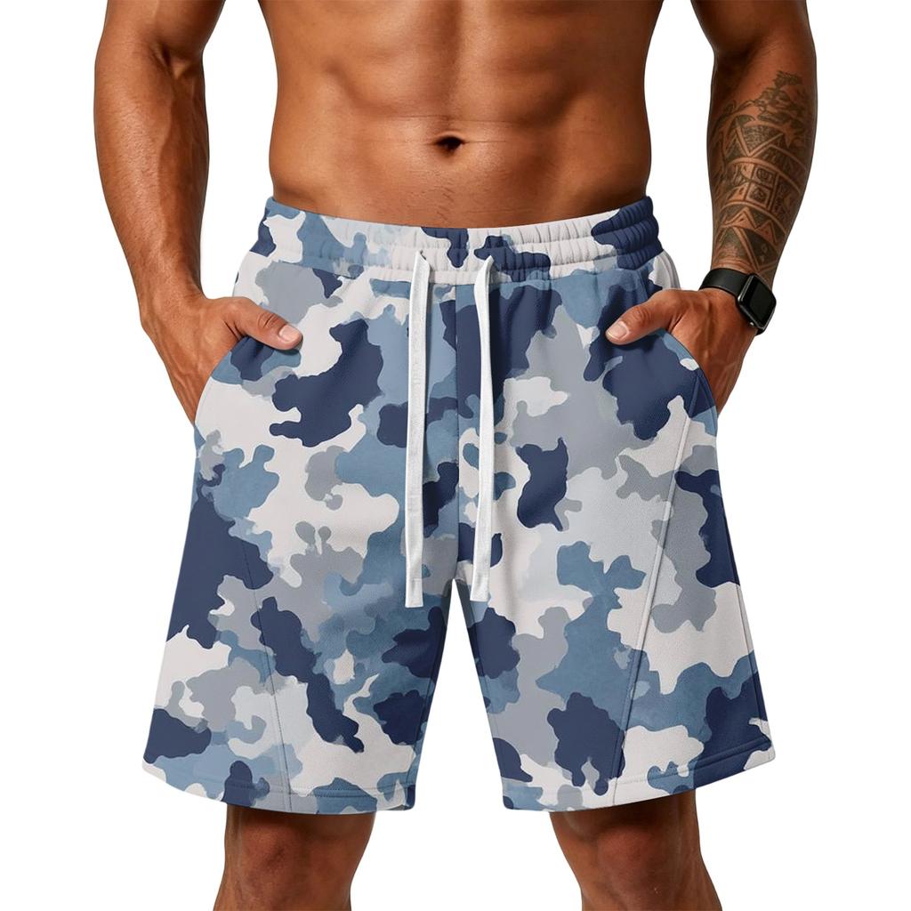 Herren Locker geschnittene Camouflage Print Sportliche Trainings-Fitnessstudio Strandshorts mit Kordelzug Taille und Taschen für Sportaktivitäten