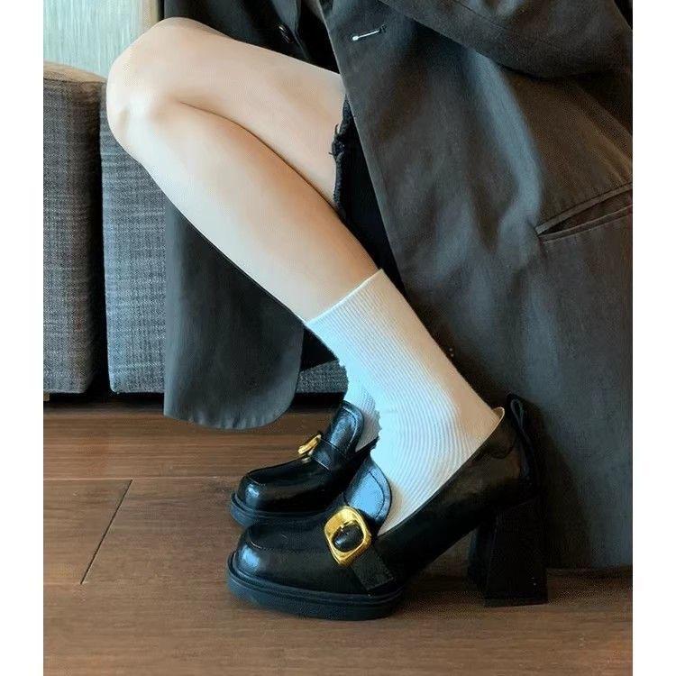High-heeled small leather shoes thick-heeled Korean version shoes retro one-pedal loafu square head British style metal buckle jk