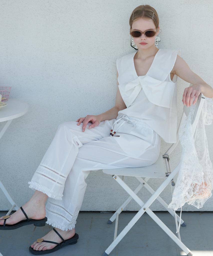 OPENING SUNSHINE Punched Lace Cotton Elastic Waist Wide Pants White