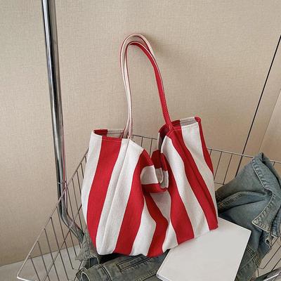 Damen Gestreifte Schultertasche Einfache Tragetasche Große Kapazität Stilvolle Schulterhandtasche Lässige Einkaufstasche Canvas Pendeltasche