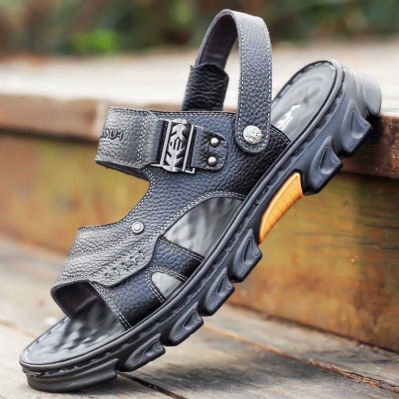 2024 Summer Shoes Men Sandals Genuine Leather Flat Non-slip Holiday Mens Footwear Soft Comfortable Black Brown D076