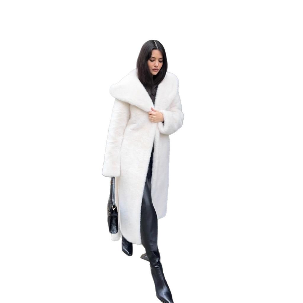 Extended Faux Fur Coat Hooded Belt Plush Clothing