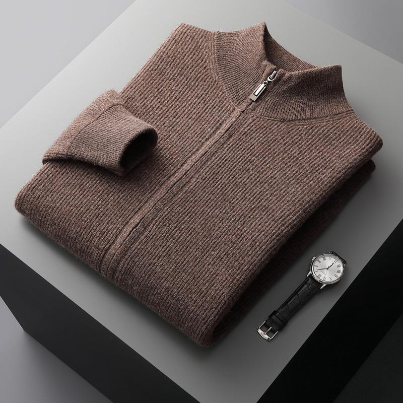 Autumn Winter Men Zipper Cardigan Mock Neck Thick Cashmere Sweater Merino Woolen Knitwear Smart Casual Sweater Coat