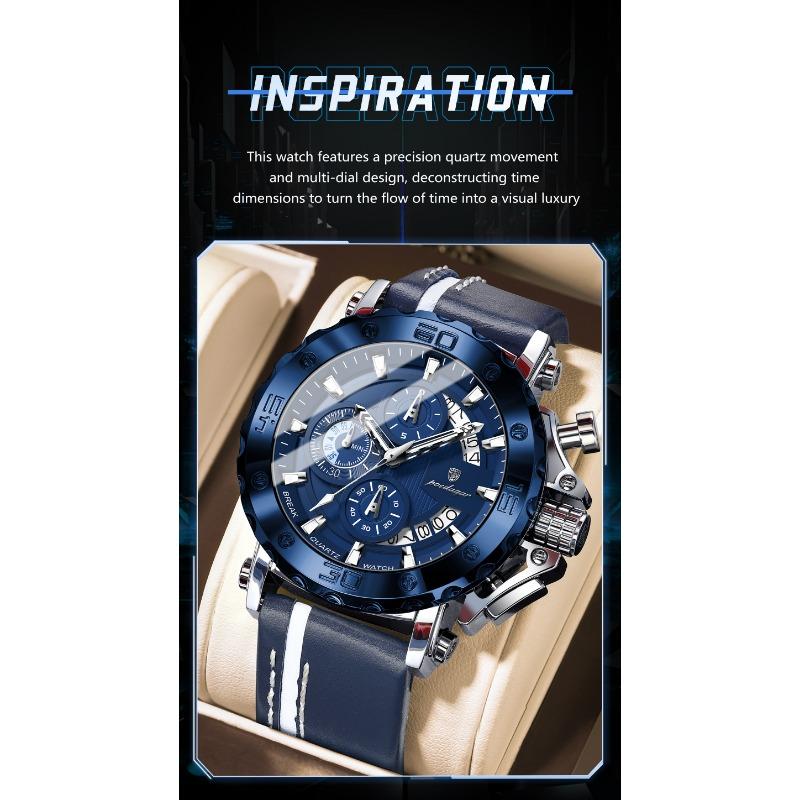 POEDAGAR Sportuhren für Herren Wasserdicht Leuchtend Datum Uhr Chronograph Leder Quarz Funktionell Armbanduhr Reloj