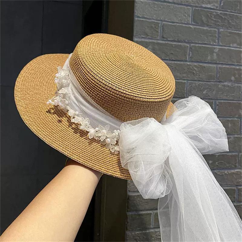 202602-shi ins chic summer French Retro Bride long lace paper grass lady fedoras cap women holiday leisure beach hat