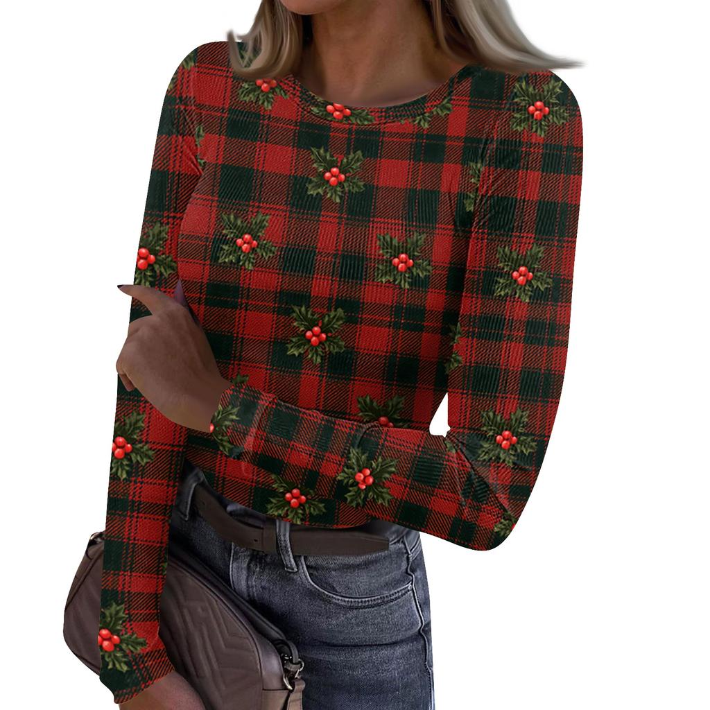 Women's Casual Long Sleeve Ribbed Neck Christmas Print Pullover Top
