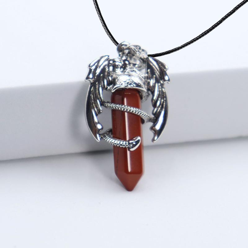 Animal Dragon Man Necklace Natural Gem Stone Healing Pink Quartz Hexagonal Crystal Pendant Vintage Jewelry for Women Gift