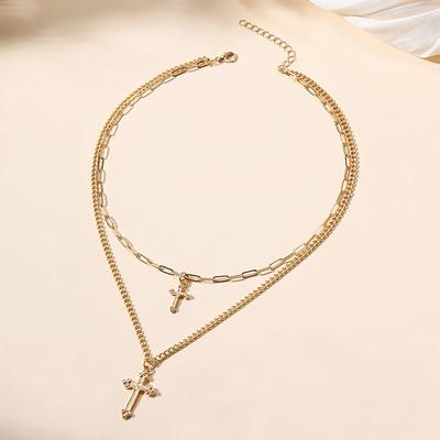 Alloy O-chain Exaggerated Niche Light Luxury Jewelry Cross Multi-layer Pendant Necklace Female Collarbone Chain