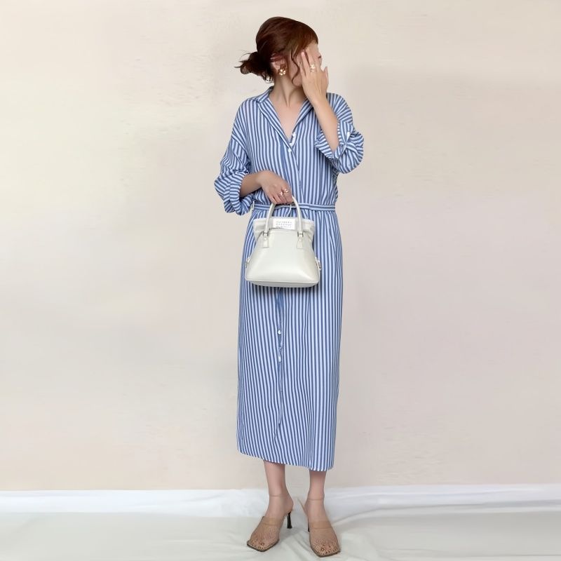 Japanese and Korean Spring New Arrival Work Clothing Ol Artsy Polo Collar Stripes Belt Mid Length Long Length Long Sleeves Shirt Dress Dress