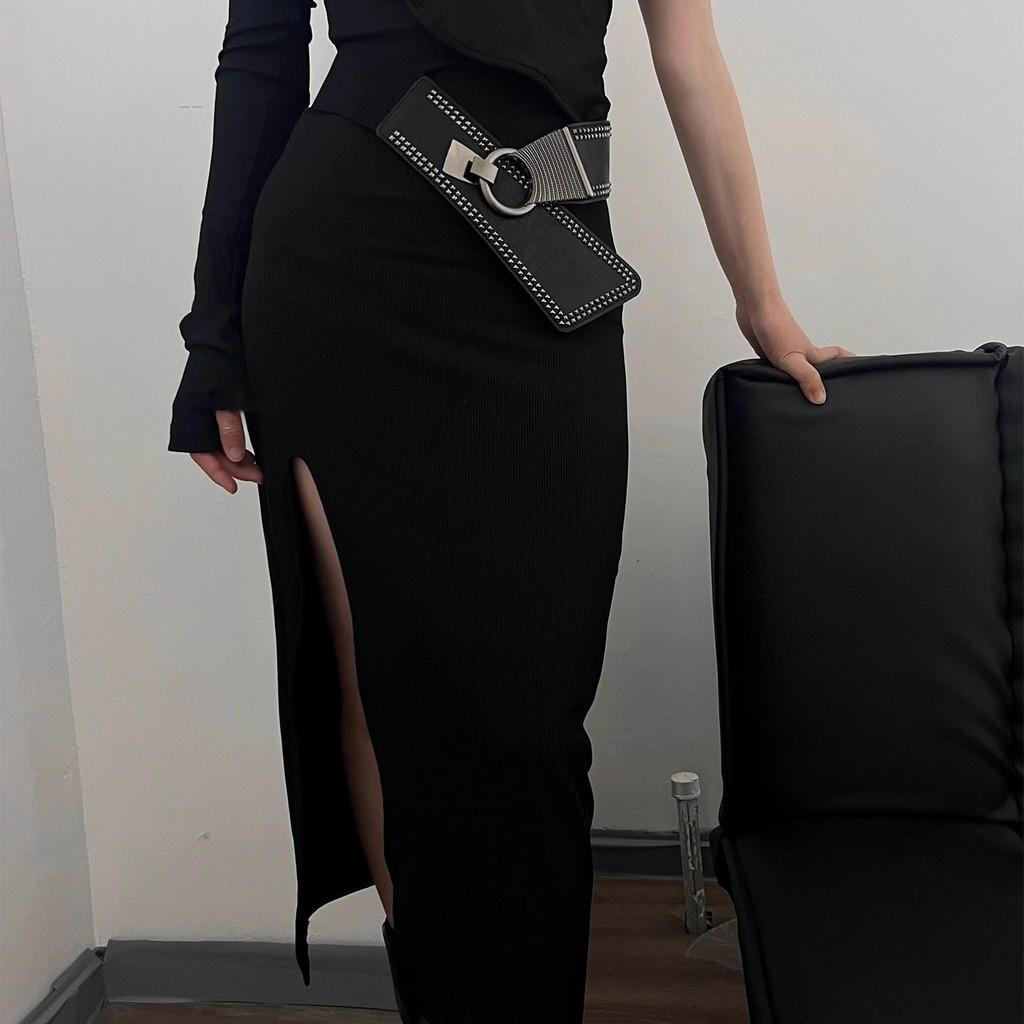 Fashion Decoration Rivet Women Casual Solid Color Elastic Waistband Wide