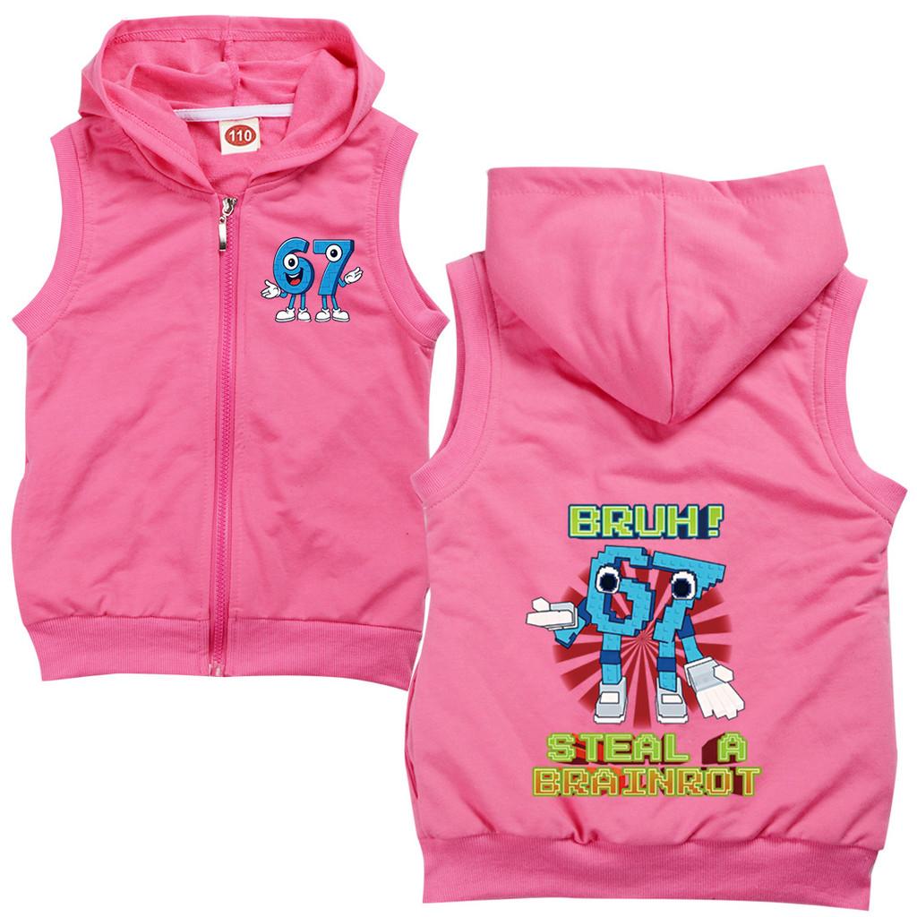 

9192 Kids Boys Girls Steal a Brainrot 67 Six Seven Print Casual Hooded Sleeveless Zipper Vest 170cm рожевий червоний колір