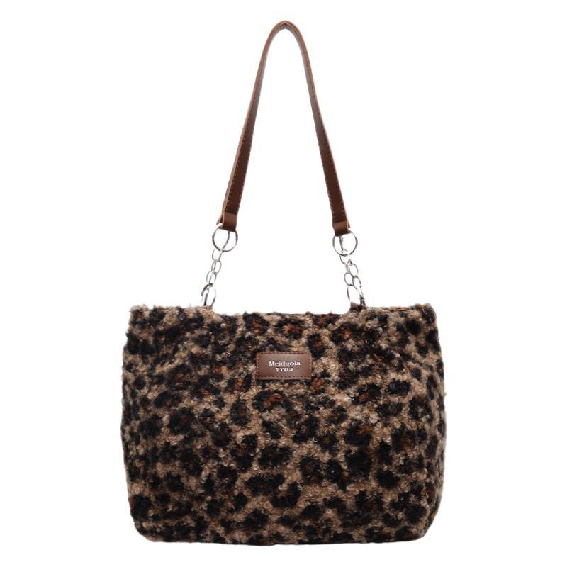 Furry Retro Big Bag Women's 2025 New Fashion Plush Leopard Print Tote Bag Autumn Large-capacity Shoulder Bag