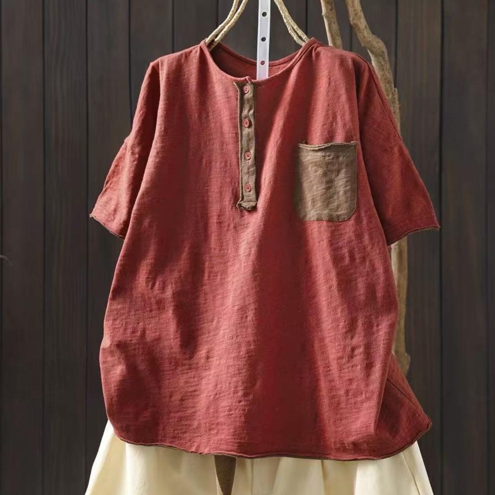 

Johnature Women Vintage T-shirts Summer Chinese Style O-Neck Short Sleeve Pockets Solid Color Female T-Shirts One Size кирпич красный