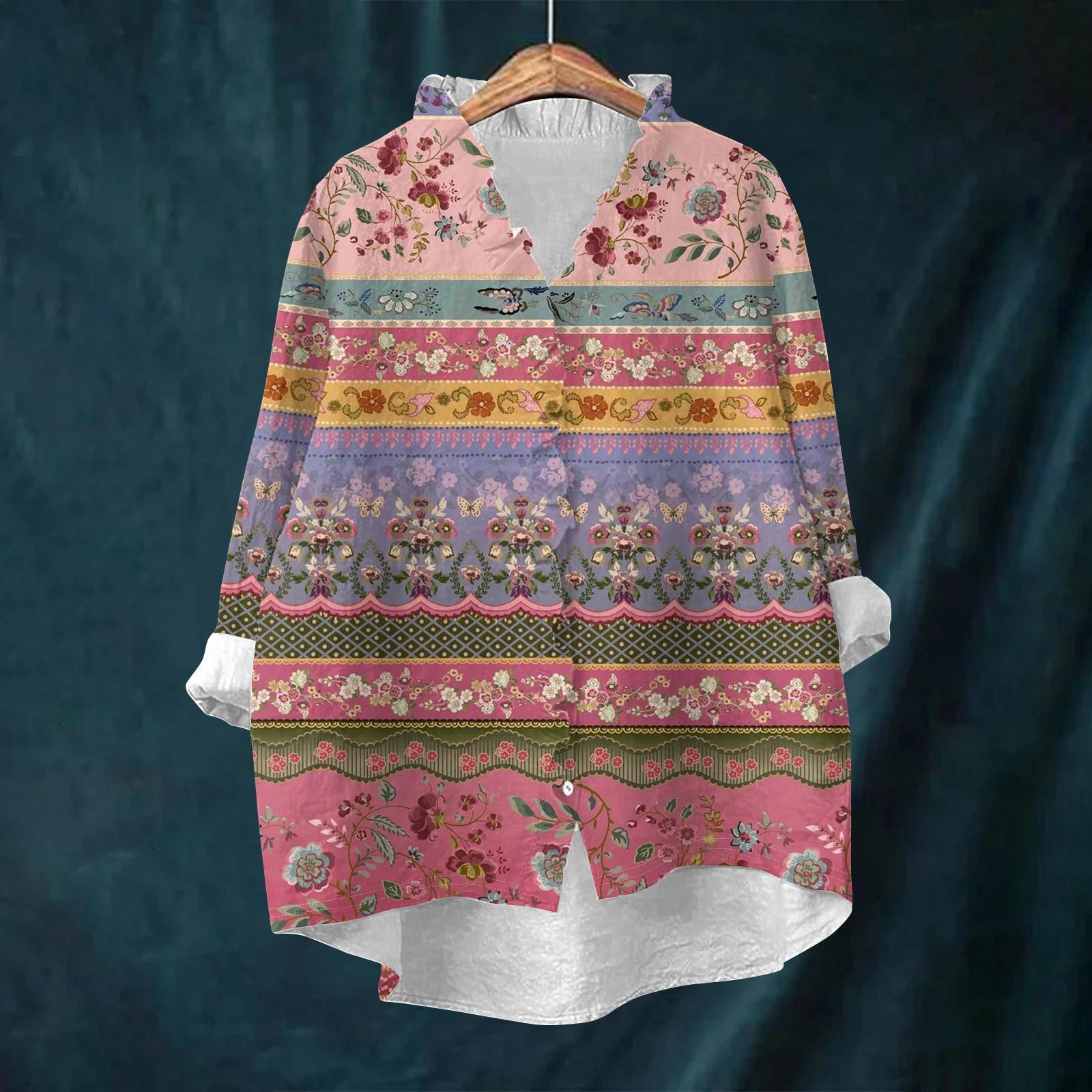 

Women s Loose Ruffled Retro Floral Print Stand Collar Long Sleeve Cotton And Linen Top M