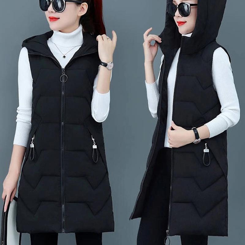 VANGULL Women Cotton Vest Winter Autumn Female Sleeveless Waistcoat Hooded Warm Long Vest Solid Coat