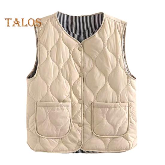 Winter Women Layering Vest Coat with Storage Bag Thin Padded Press Button Closure V Neck Sleeveless Solid Color Windproof Heat Retention Outdoor Down