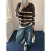 Autumn and winter new striped knitted women's clothing, loose retro hooded women's knitted sweater cardigan women's