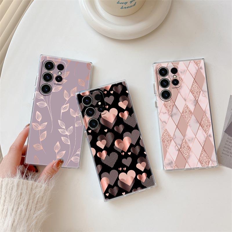 Gold Pink Rose Glitter Hearts Phone Case For Samsung S24 S23 Ultra S22 S20 Plus S21 FE Clear Cases Cover Galaxy S24Ultra Fundas
