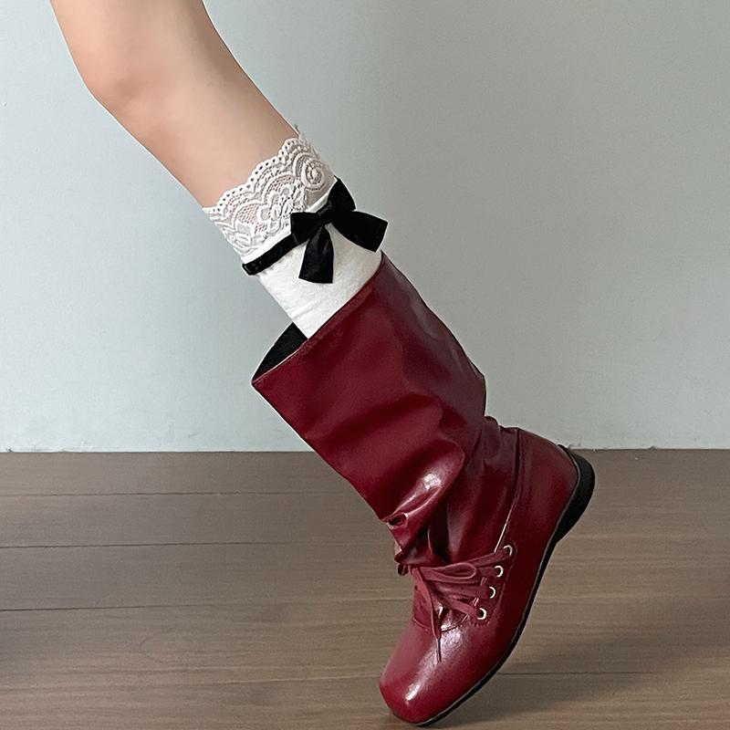 Vintage Flats Women Western Cowboy Boots Fashion Ladies Square Toe Pleated Knight Mid Calf Booties