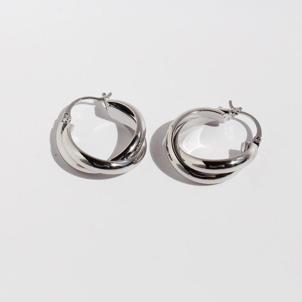 Chic Double-Line Cross Circular Earrings - Women's Fashion Metal Hoops