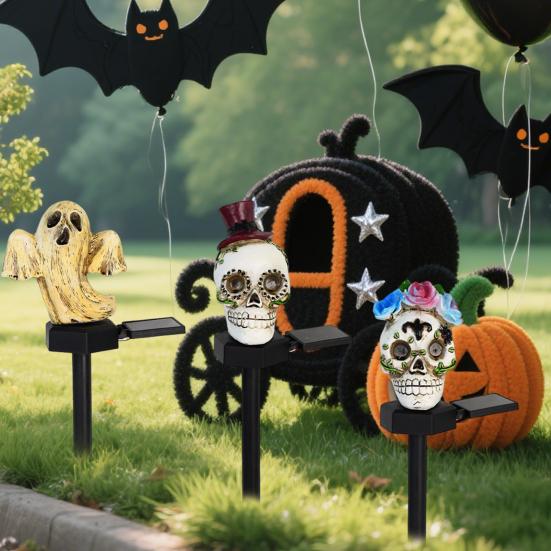 Solar Pumpkin Light Halloween Pathway Light Jack-O-Lantern Stake Outdoor Waterproof Skull Light with Stake for Yard Lawn Decoration