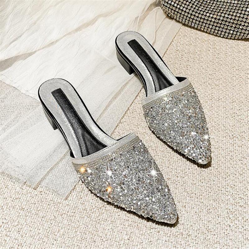 Women Slippers Fashion Rhinestone Sequins Slip On Square Heel Pumps Lady Classic Black Beige High Quality Comfort Summer Shoes