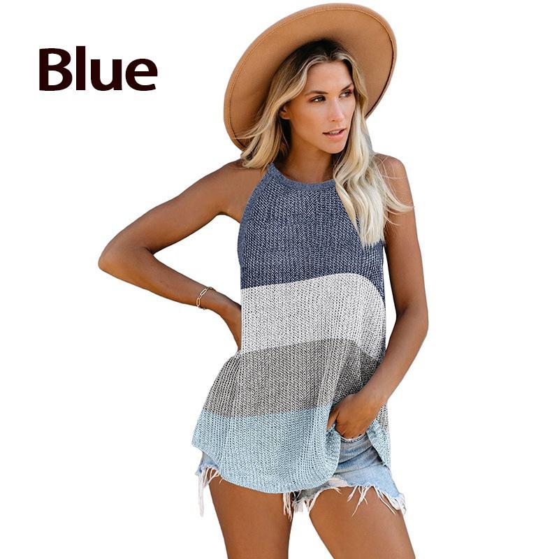 Women Fashion Knit Tank Tops Summer Halter Sleeveless O Neck Femme Vest Top Casual Loose Stripe Color Collision Beach Tank Plus Size(S-3XL)