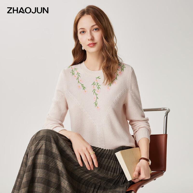 Zhaojun Women's Floral Embroidered 100% Wool Thickened Knit Sweater
