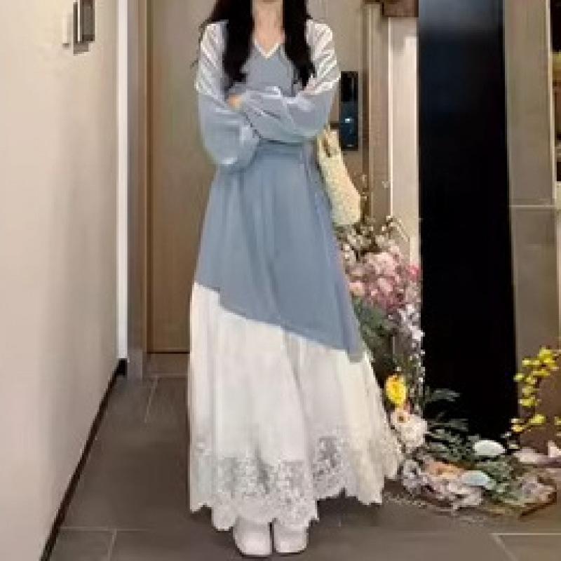 French Style Lace Dress Womens Early Spring Latest Style Blue Fake Two-piece Long Dress