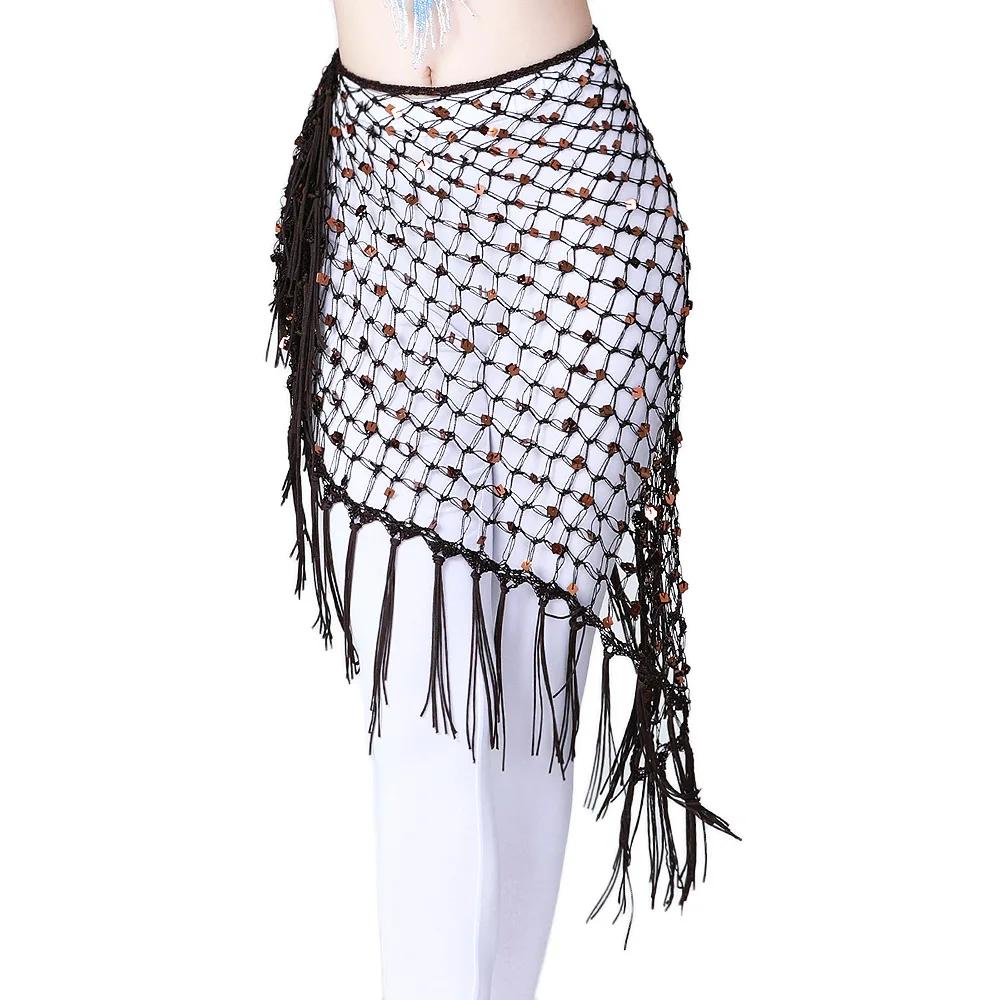 BellyDance Accessories for Women Long Tassel Belt Elastic Triangle of Hand Crochet Belly Dancing Hip Scarf Sequins Girls Belt