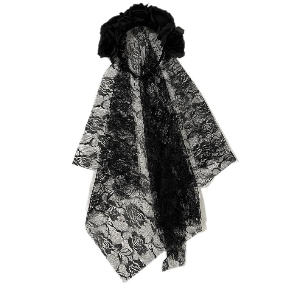 2PCS Black Veil Halloween Rose Flower Headband Costume Cosplay Wedding Mexican Rose Flower Crown Headband Day of The Dead Party