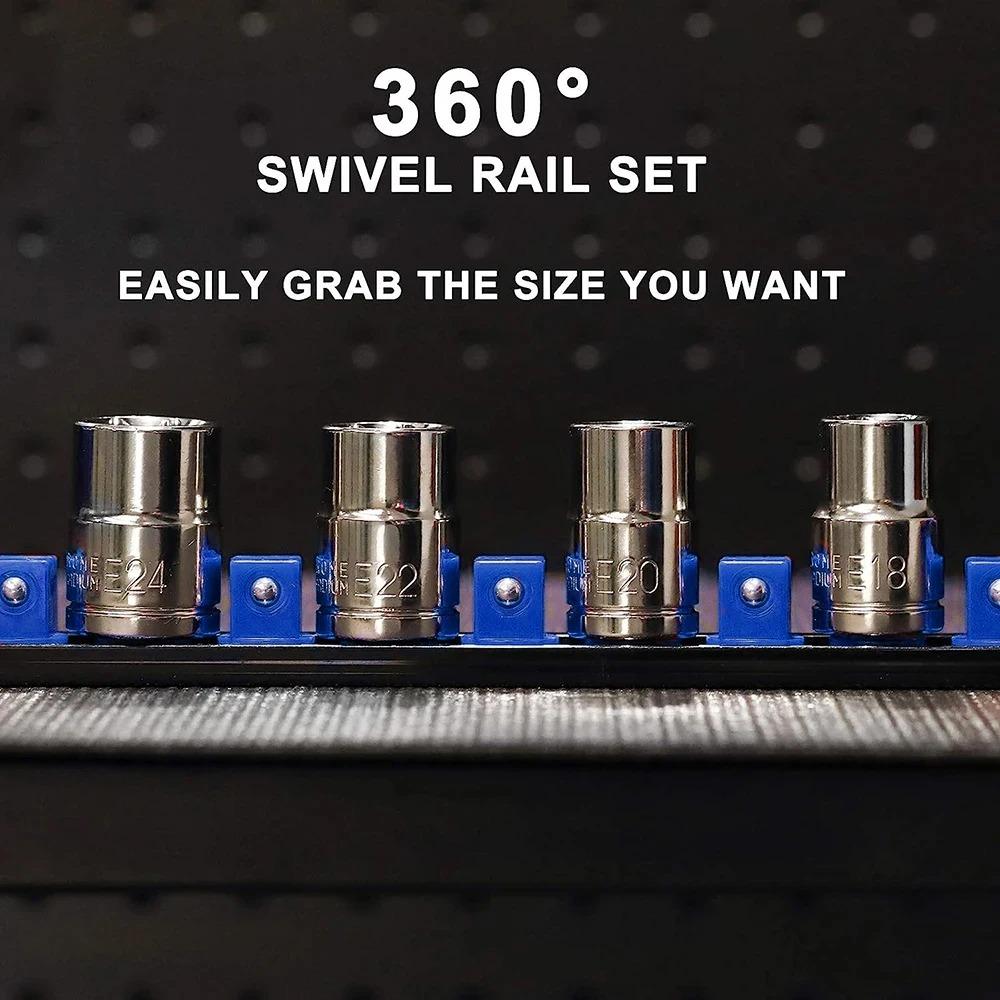 ABS Socket Organizer 360° Swivel 1/4Inch 3/8Inch 1/2Inch Premium Quality Socket Clip Rail Holder Socket Organizer Tools Blue