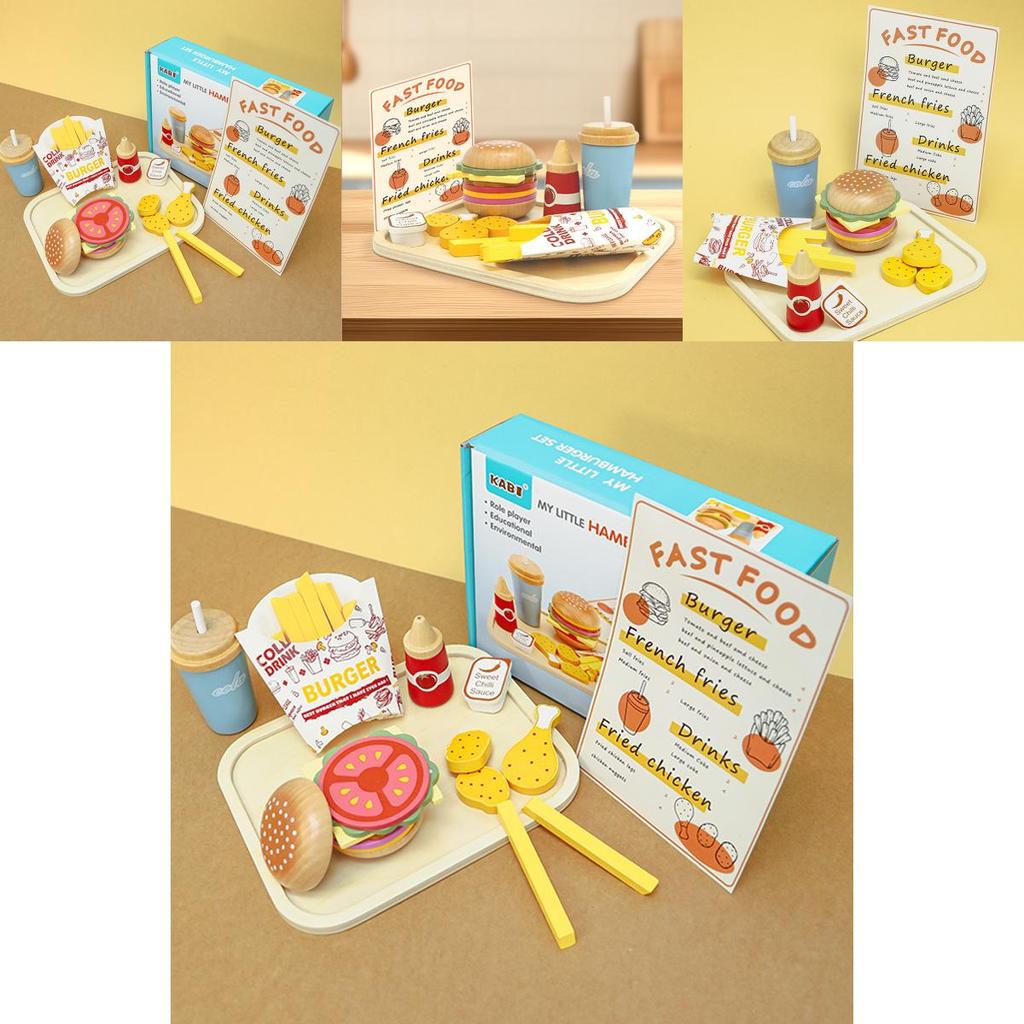 Fun Wooden Simulation Burger French Fries Beverage Kid Toy Set For Early Childhood Learning And Creative Play