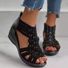 Fish mouth hollow rhinestone wedge heel sandals women's summer new high heels breathable sandals often